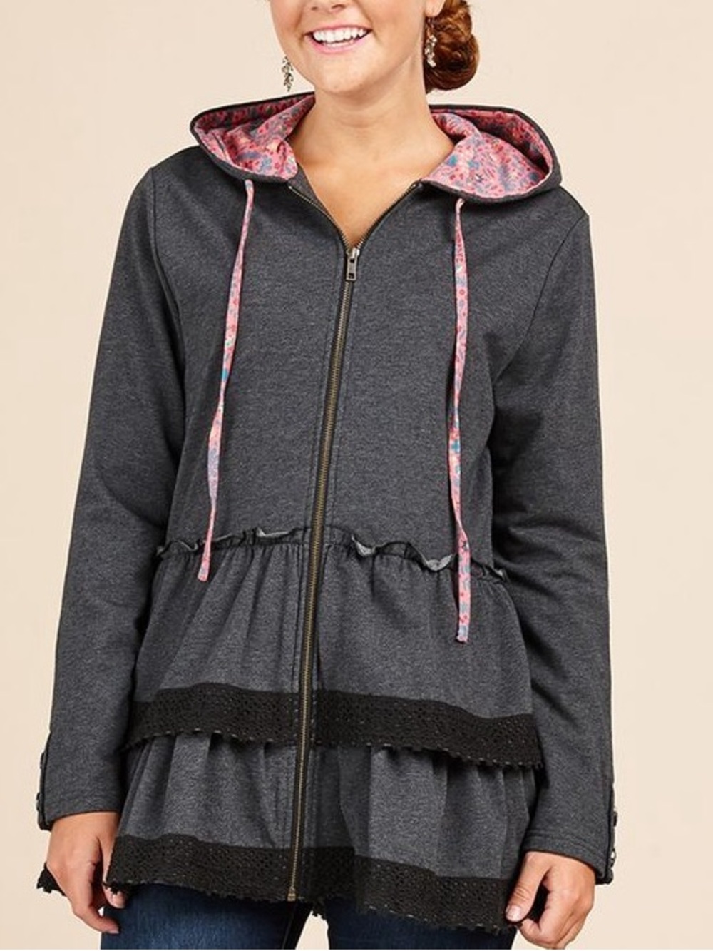 Matilda Jane Charcoal Hoodie with Pink Floral Accents Sz M